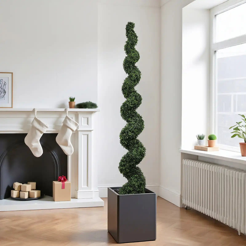 7FT Spiral Topiary Trees Artificial Outdoor Faux Boxwood Plants Large Twisted Green Potted Trees with Dark Green Leaves for Garden Front Porch Patio Planter Decoration, 1pc/set