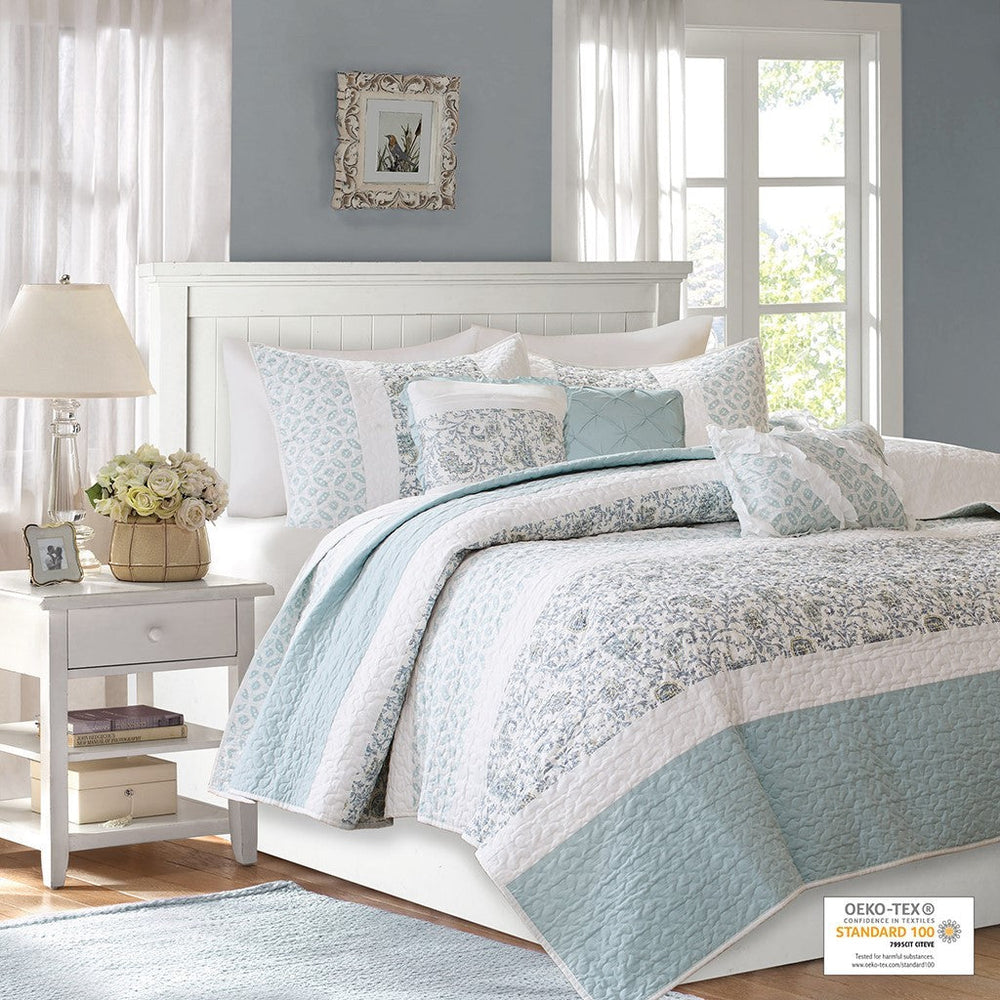 6 Piece Cotton Percale Quilt Set with Throw Pillows Aqua King/Cal King Media 11