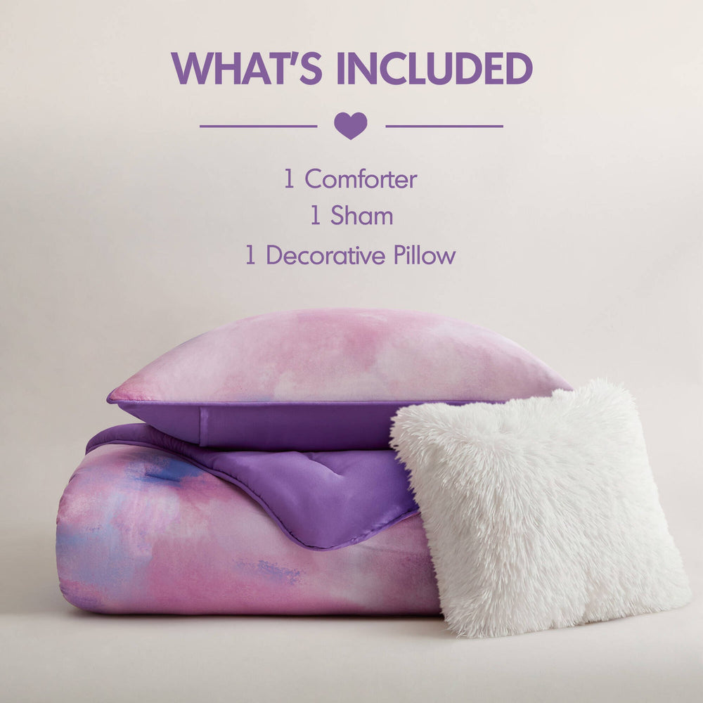 3 Pieces Twin/Twin XL Watercolor Tie Dye Printed Comforter Set with Throw Pillow,Purple Media 6