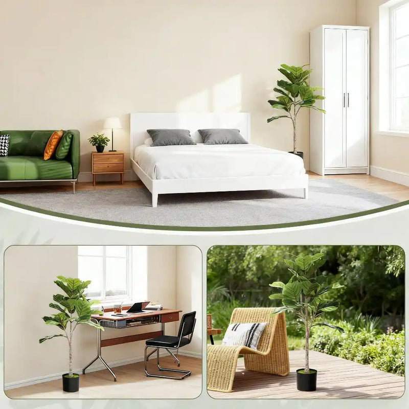 Artificial Fiddle Leaf Fig Tree,  Potted Plant with Flocked Soil for Home Office Decor(Only 1Pcs Artificial Fiddle Leaf Fig Tree)