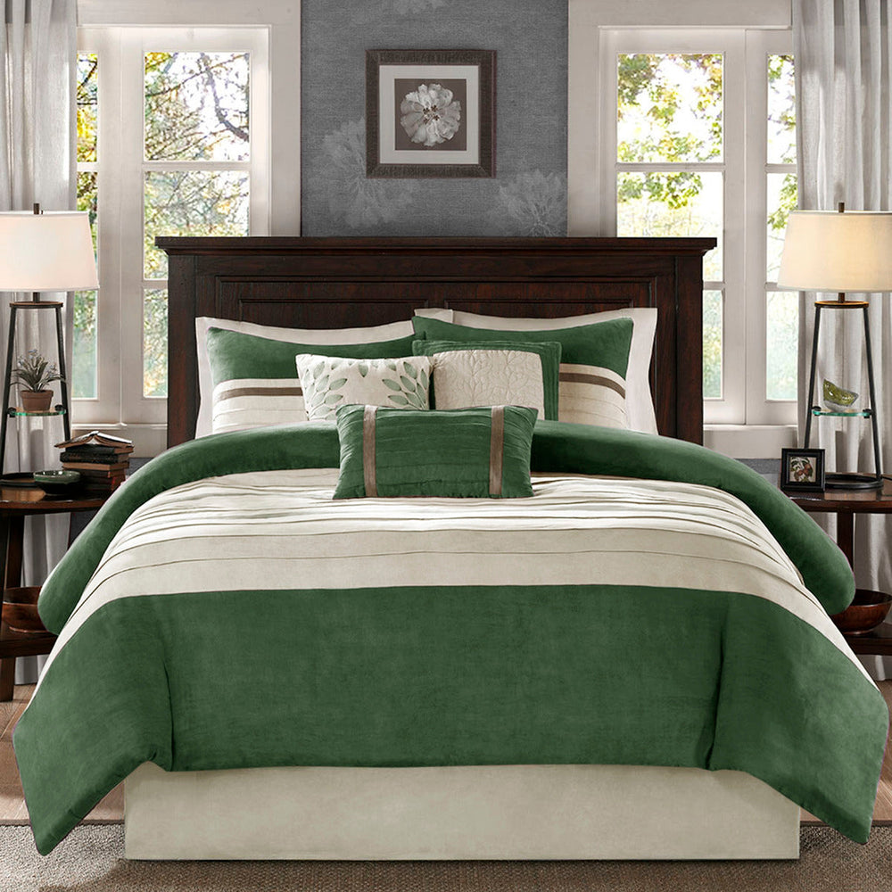 7 PC Pieced Faux Suede Comforter Set Green King Media 13