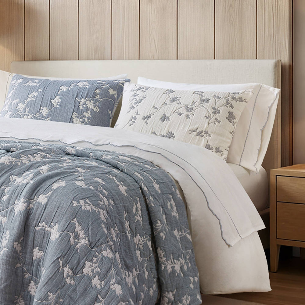 3 Pieces Full/Queen Jacquard Cotton Gauze Quilt Set,Blue Media 10