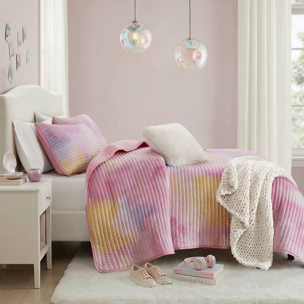 4 Pieces Full/Queen Watercolor Tie Dye Printed Quilt Set with Throw Pillow,Pink Media 17