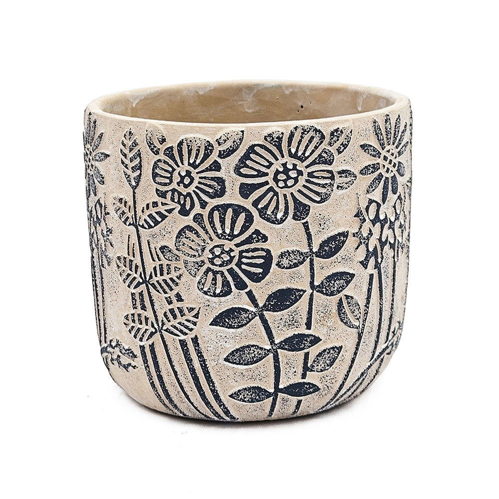 S/2 Gray Sand and Cement Planters with Blue Floral Motif, L:D7x6.7' S:D5.5x5' Media 6