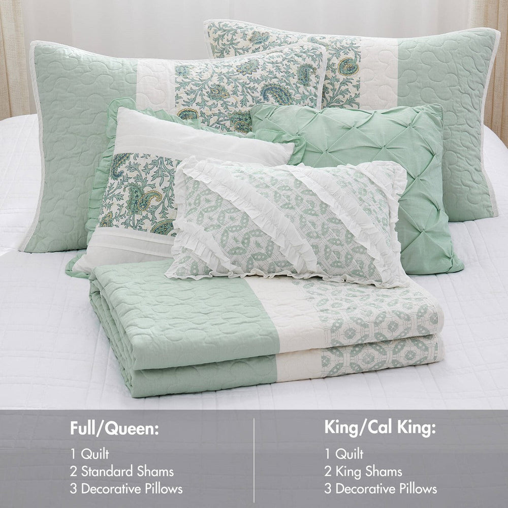 6 Piece Cotton Percale Quilt Set with Throw Pillows Aqua Full/Queen Media 14