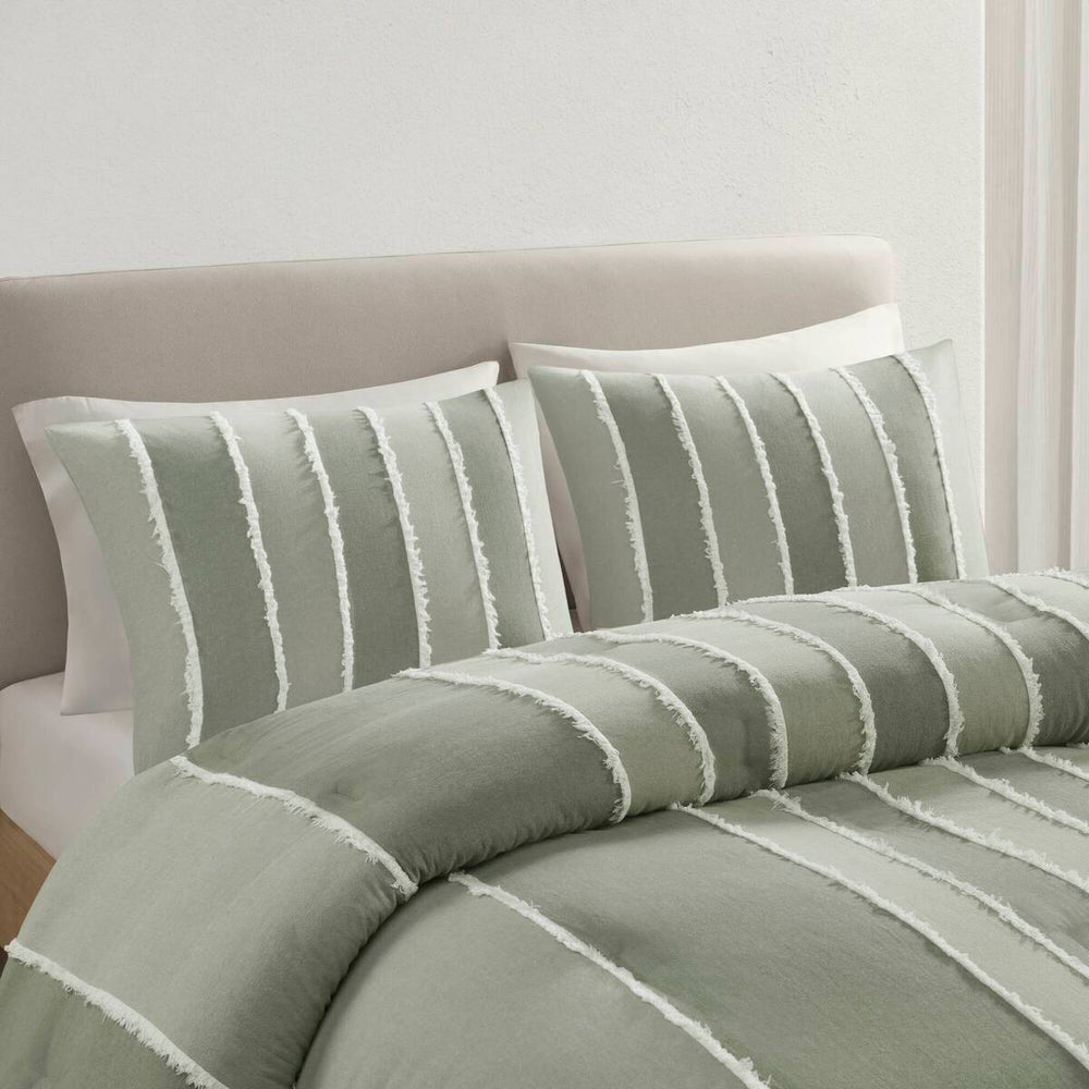 3 Piece Striped Cotton Comforter Set Sage King/Cal King Media 8