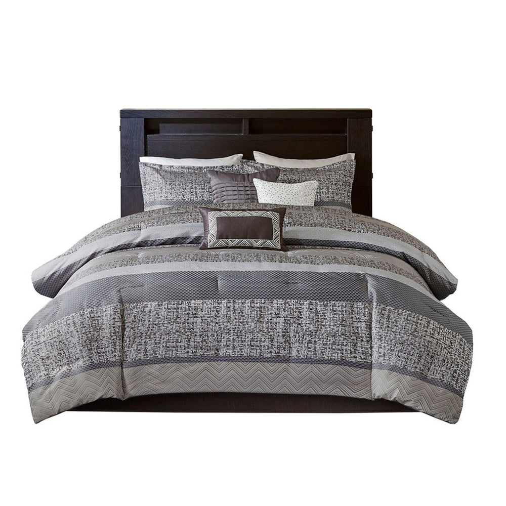 7 Piece Jacquard Comforter Set Grey/Taupe Queen Media 10