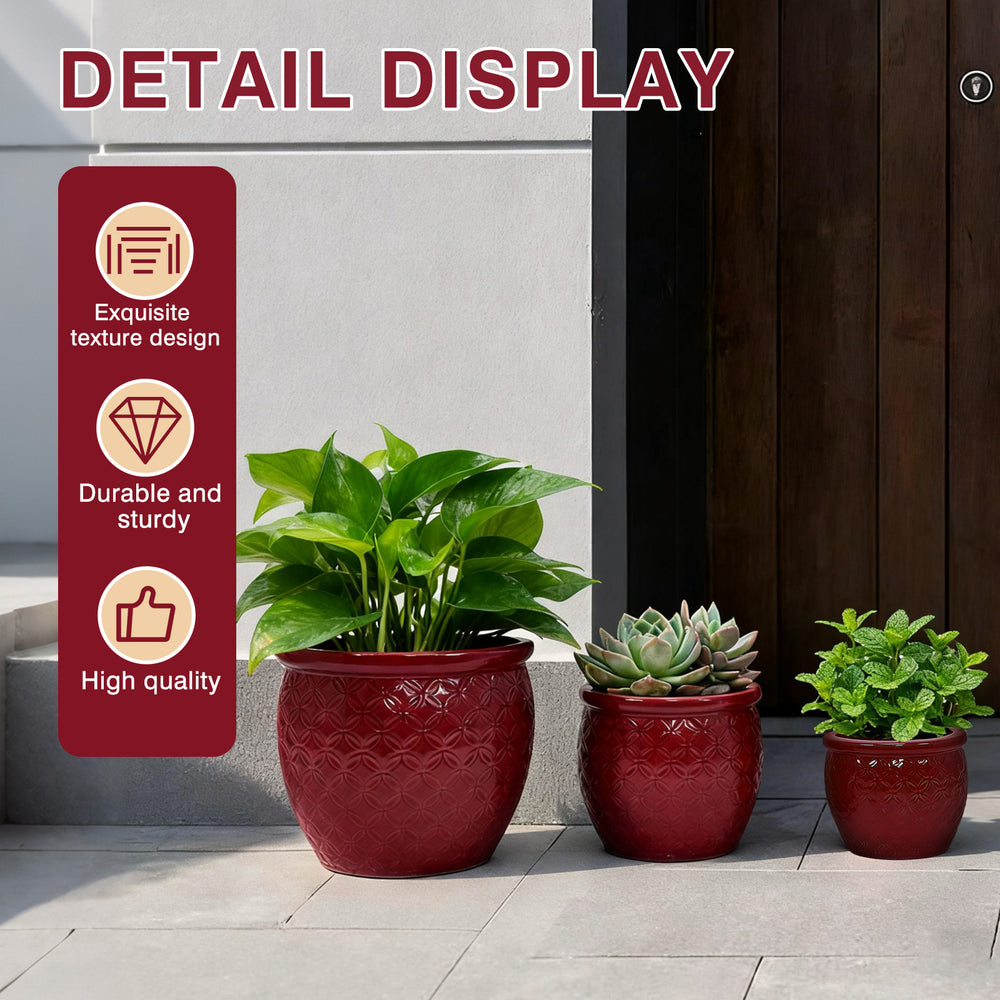 Handmade Ceramic Flower Pot Set of 3, 15/12/10 Inch Diameter, Deep Red with Floral Embossed Pattern, for Orchids Indoor/Outdoor Use on Windowsill & Bookshelf, Breathable Clay Media 9