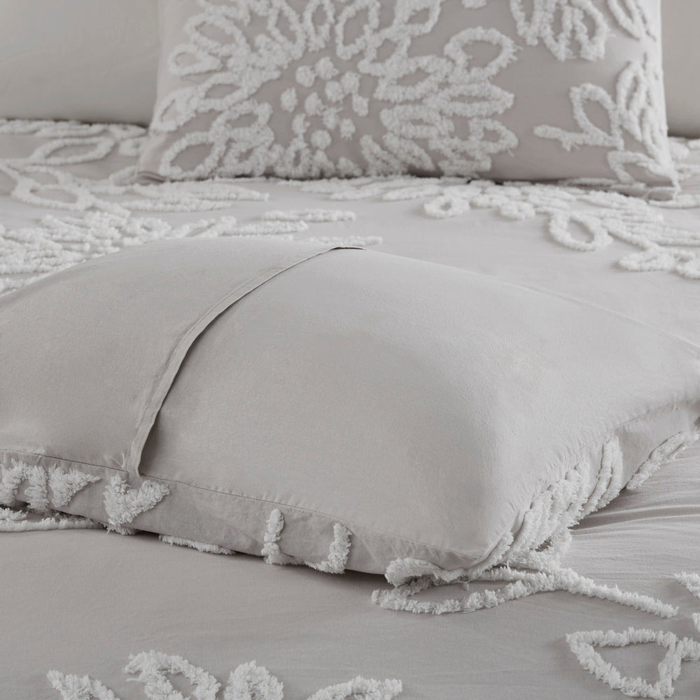 3 Piece Tufted Cotton Chenille Floral Comforter Set Warm Grey/White Full/Queen Media 2