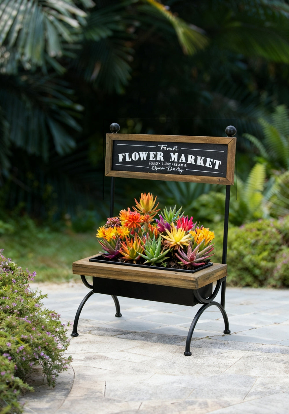 18.9x11x24' Rustic Brown Wooden Planter Stand with Black Iron Frame Media 1