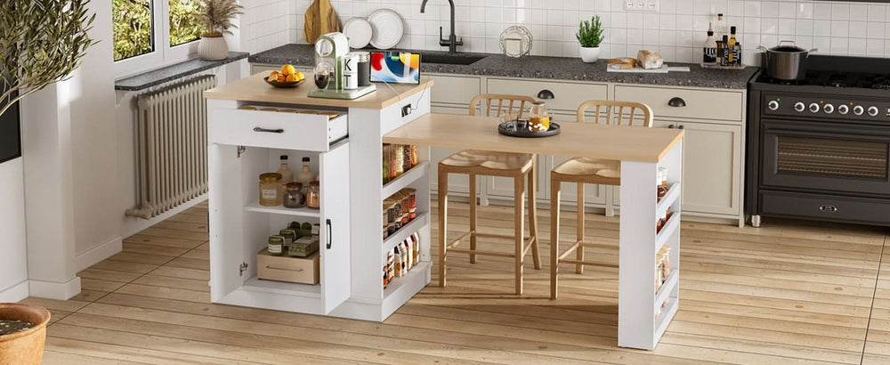 Extendable Island Console & Particle Board White Finish & Multi-Functional Storage Media 13