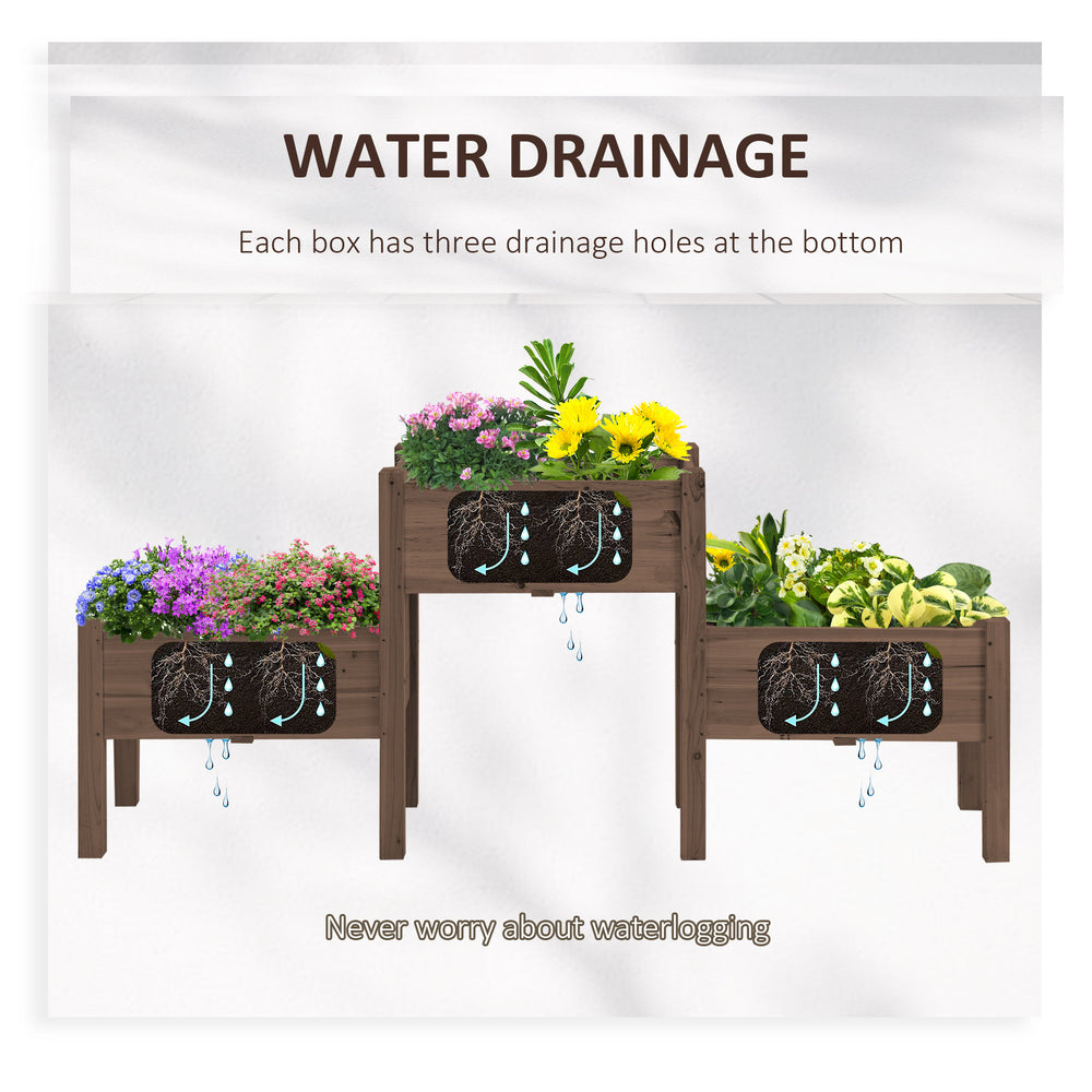 Outsunny Raised Garden Bed with 3 Planter Box, Elevated Wooden Plant Stand with Drainage Holes, for Vegetables, Herb and Flowers, Coffee Media 6