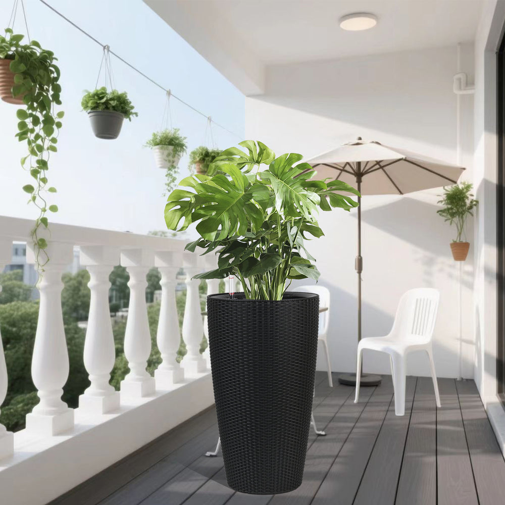 Faux Rattan Tall Planters Set with Water Level Monitor and Auto Watering, Black, Polypropylene, 22 Inch Media 8