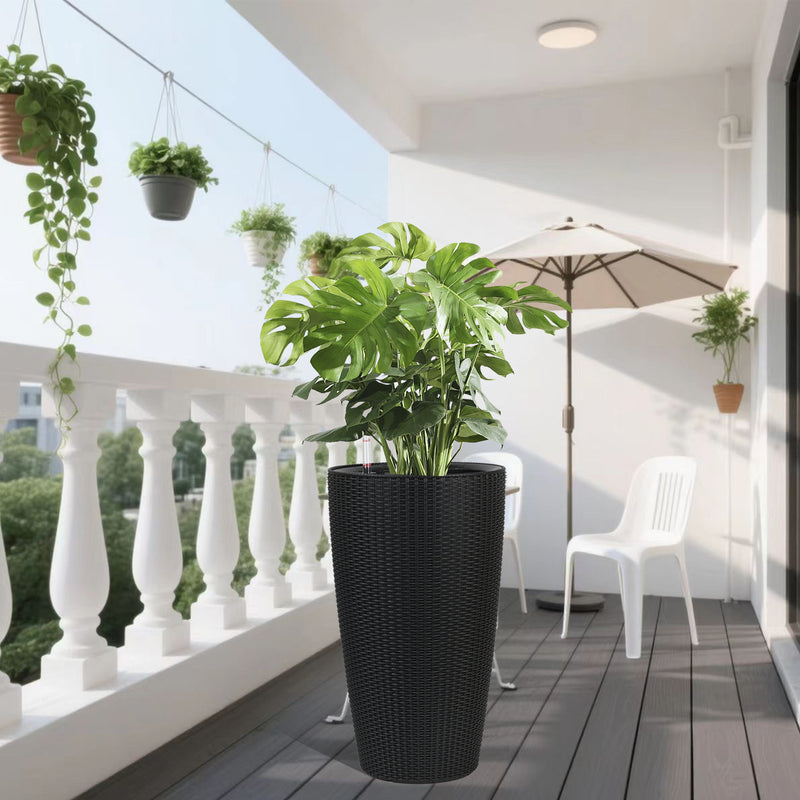 Faux Rattan Tall Planters Set with Water Level Monitor and Auto Watering, Black, Polypropylene, 22 Inch