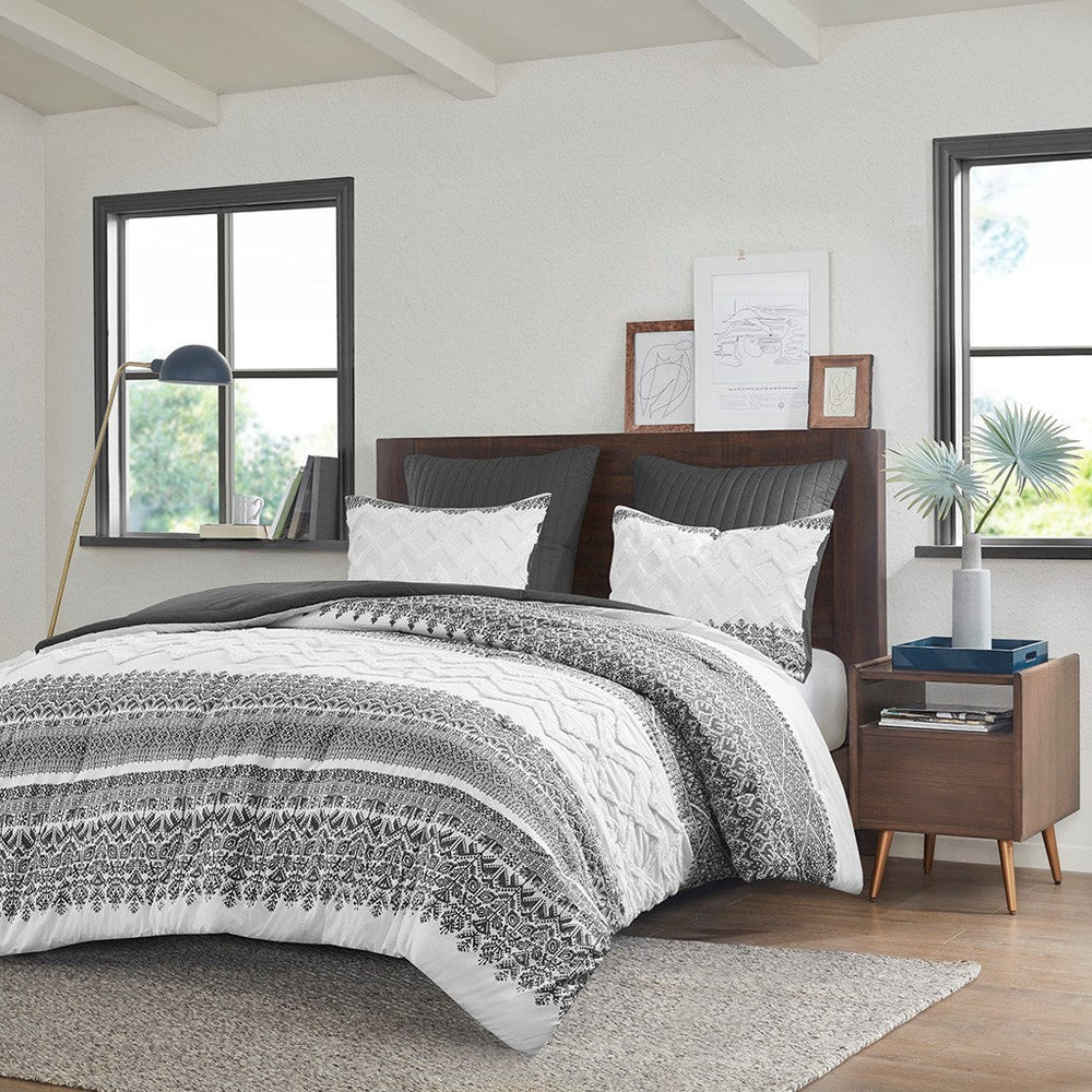 3 Piece Cotton Comforter Set with Chenille Tufting Gray Full/Queen Media 8