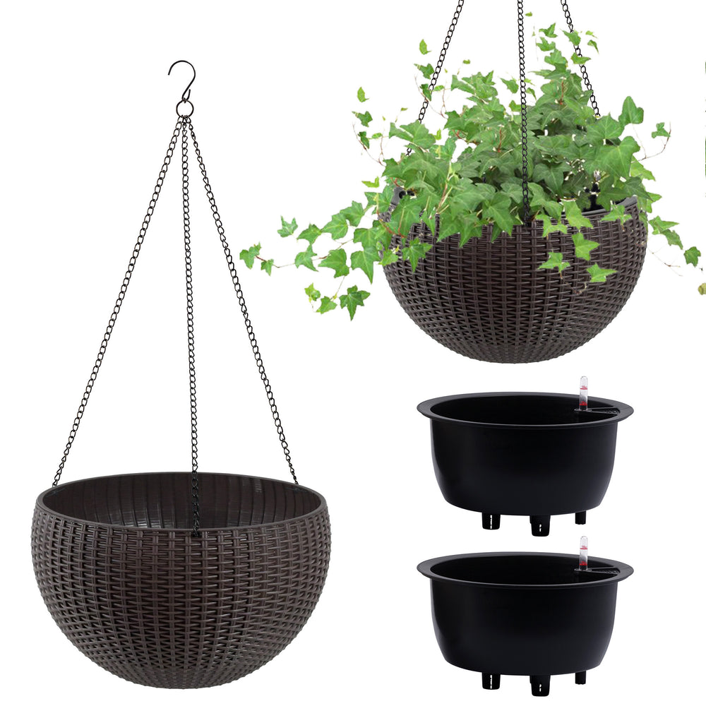 13.4 inch Self-Watering Hanging Rattan-Inspired Planter Large Capacity, Root-Rot Resistant Water Storage with Water Level Indicator, Dual-Use for Indoor & Balcony Decoration (Pack of 2, Brown) Media 10