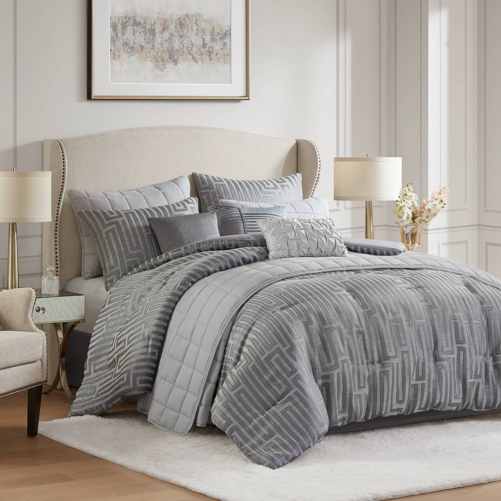 10 PCS Queen Luxury Jacquard Comforter Set Grey Media 1