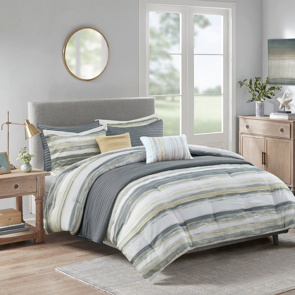 8 Piece Printed Seersucker Comforter and Quilt Set Collection Yellow Full/Queen Media 1