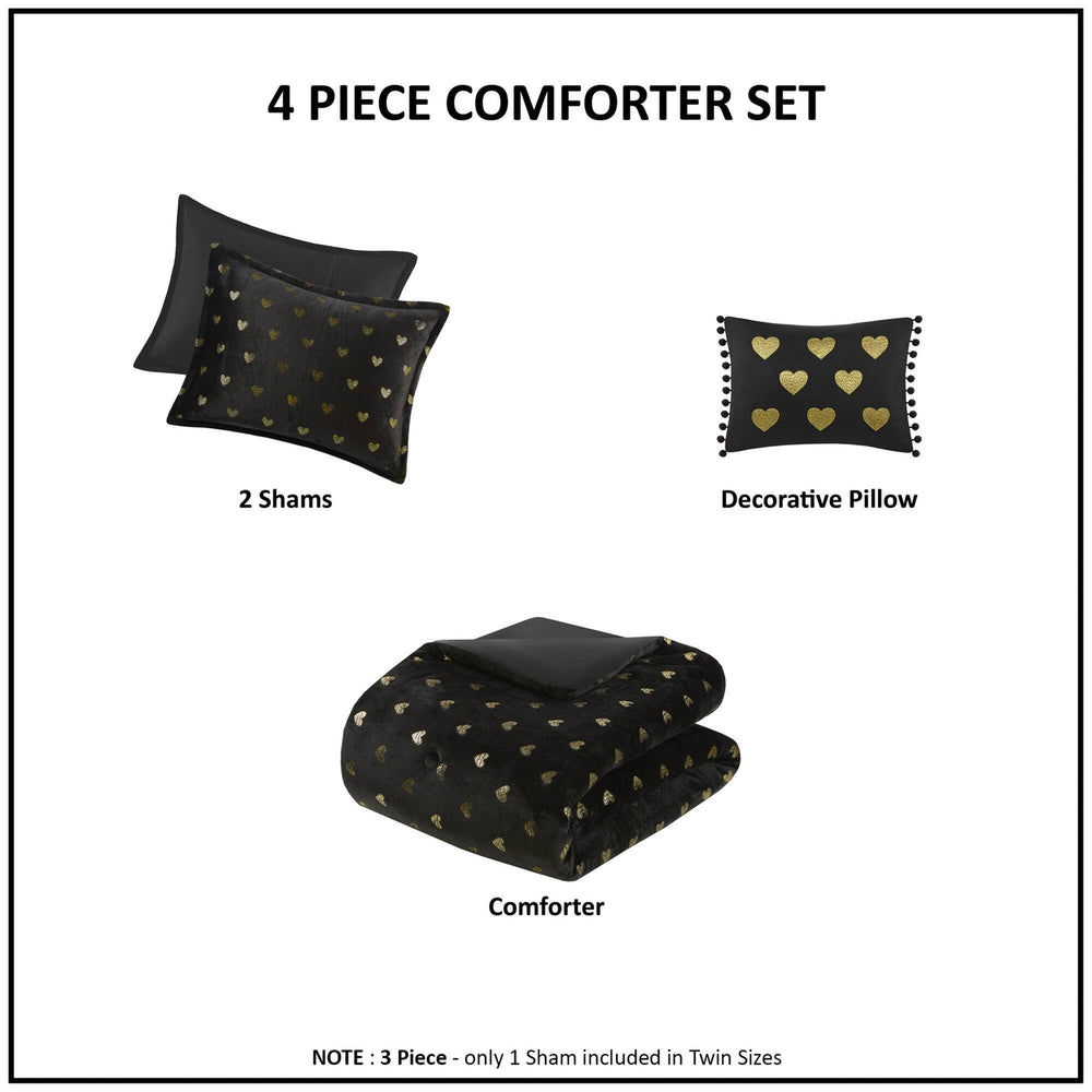 4 PCS Full/Queen Metallic Printed Plush Comforter Set with Throw Pillow Black/Gold Media 6