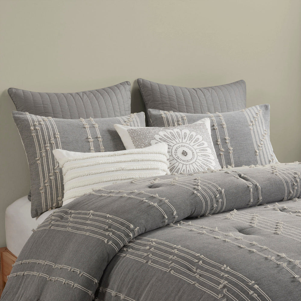 3 Piece Cotton Jacquard Comforter Set Gray Full/Queen Media 13