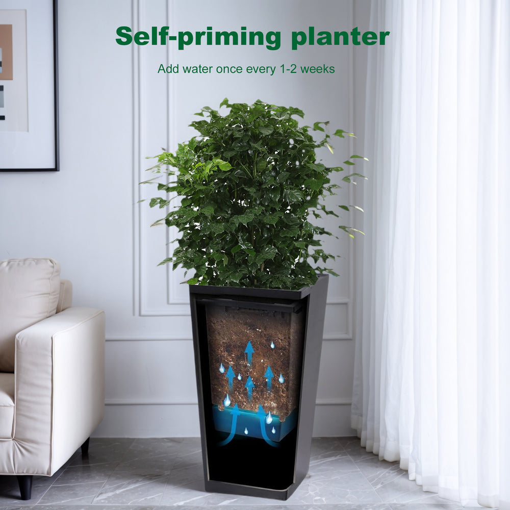 22'Tall Planter Set of 2, Outdoor＆Indoor Black Planter Pots, High Front Porch Planter Pots with Drainage Holes＆Water Level Monitor＆Inner Bucket, Automatic Watering, Black Media 3