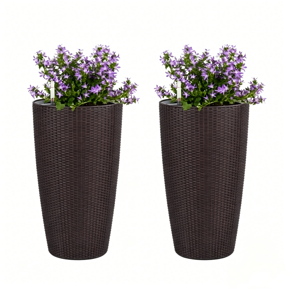 Faux Rattan Tall Planters Set of 2 with Water Level Monitor and Automatic Watering, Brown, 22 Inch Media 9
