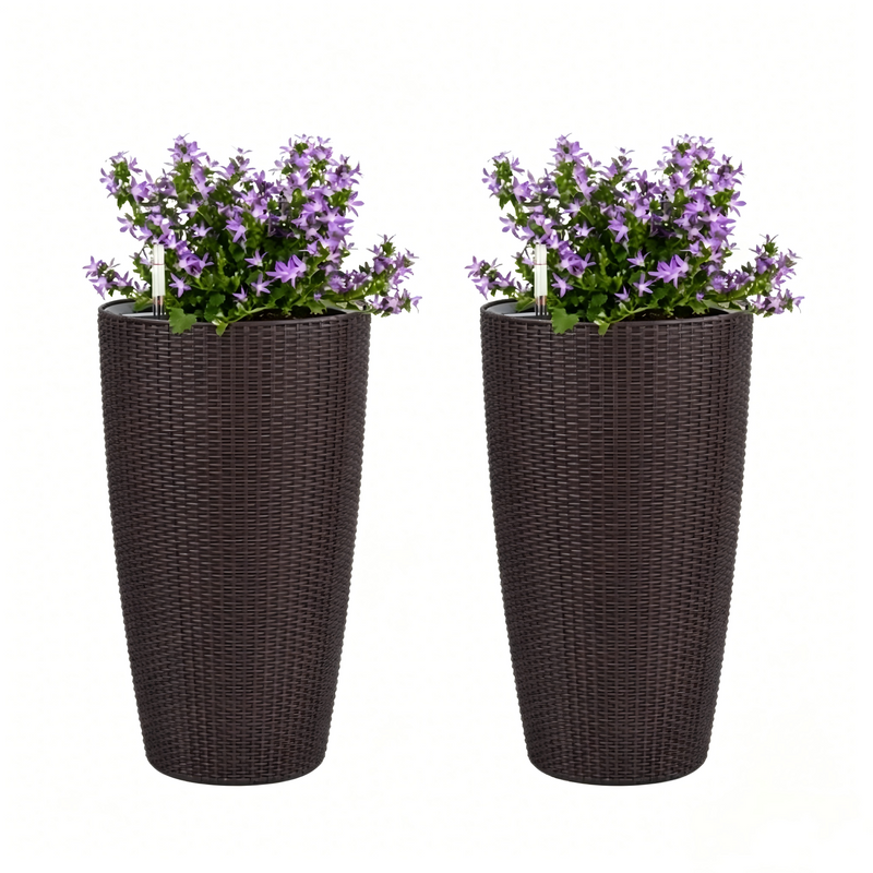 Faux Rattan Tall Planters Set of 2 with Water Level Monitor and Automatic Watering, Brown, 22 Inch