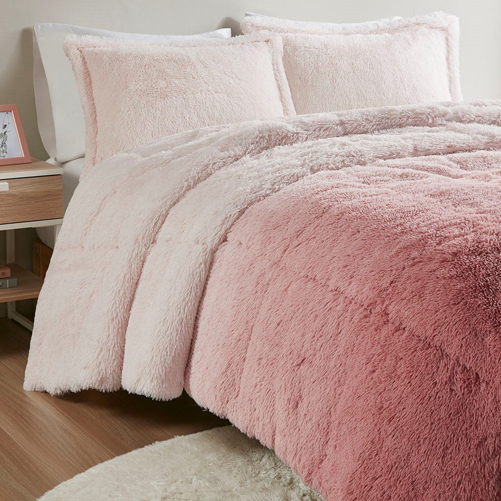Full/Queen Ombre Shaggy Long Fur Comforter Mini Set Media 2