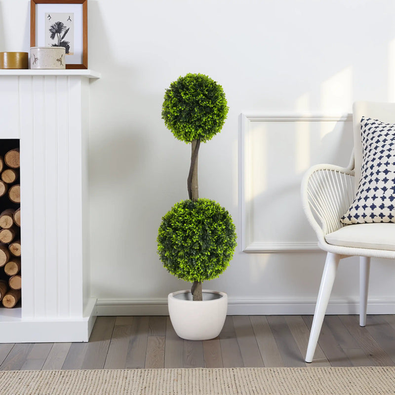 34' Artificial Topiary Boxwood Tree Double Ball with Black Plastic Pot, Set of 2