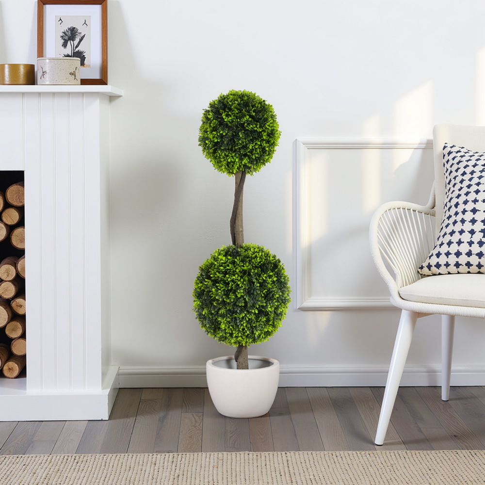 34' Artificial Topiary Boxwood Tree Double Ball with Black Plastic Pot, Set of 2 Media 2