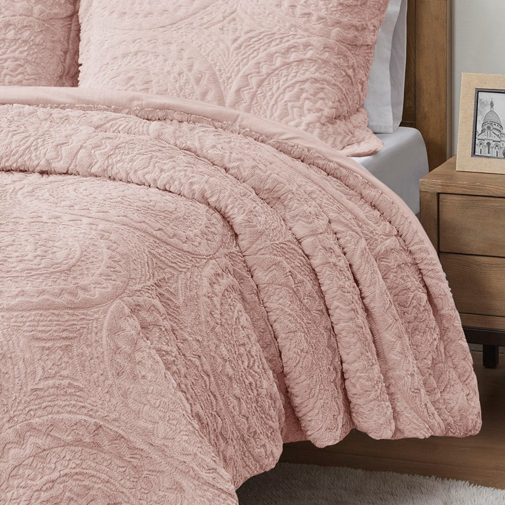 Twin Embroidered Medallion Faux Fur Ultra Plush Comforter Mini Set Media 5