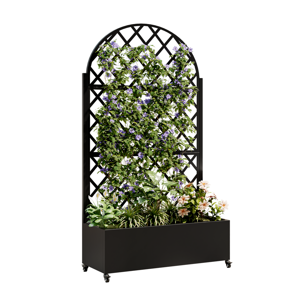 Round Metal Planter Box with Trellis, 73'x35'x16 Metal Raised Garden Bed with Trellis, Metal Planter Box with Drainage Holes & Lockable Wheels & Privacy Screen for Climbing Plants, Vegetables, Vines Media 2