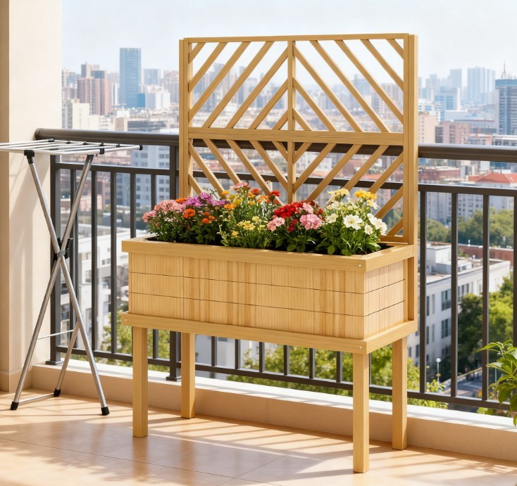 Self-Draining Raised Garden Bed,Elevated Wood Planter with Trellis for Climbing Plants,with Legs and Drainage Holes Media 7