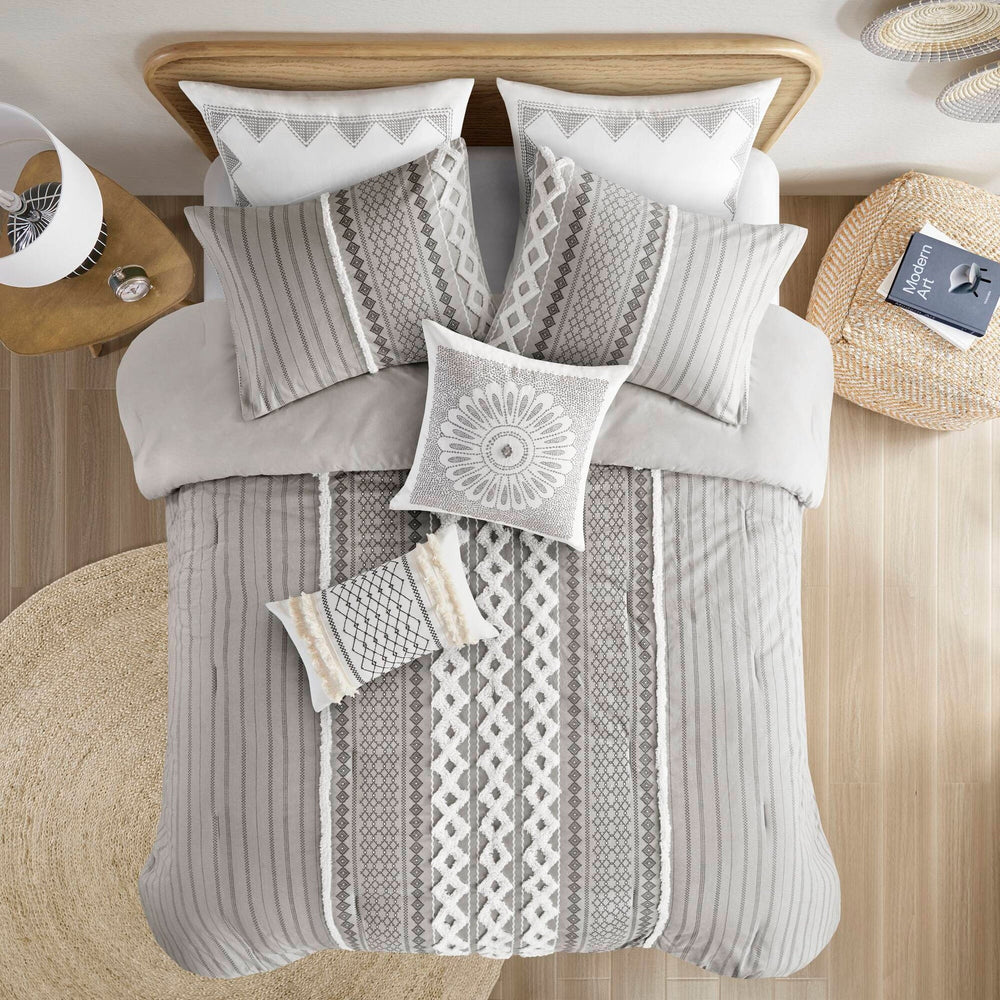 Cotton Printed Comforter Set with Chenille Gray Full/Queen Media 15