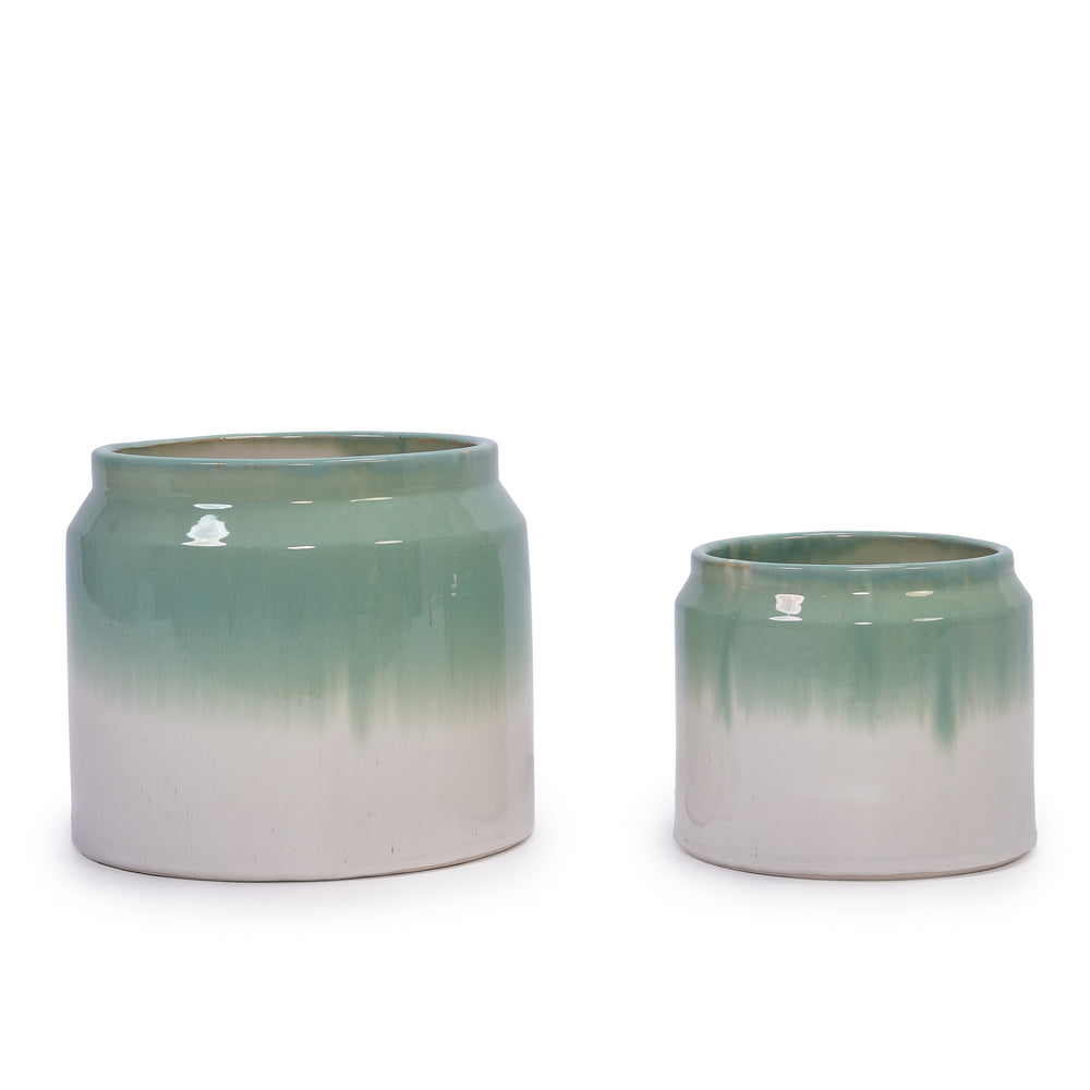 Set of 2 Gradient Ceramic Flowerpot, Modern Planter for Patio, Garden, Windowsill - White Green Media 1