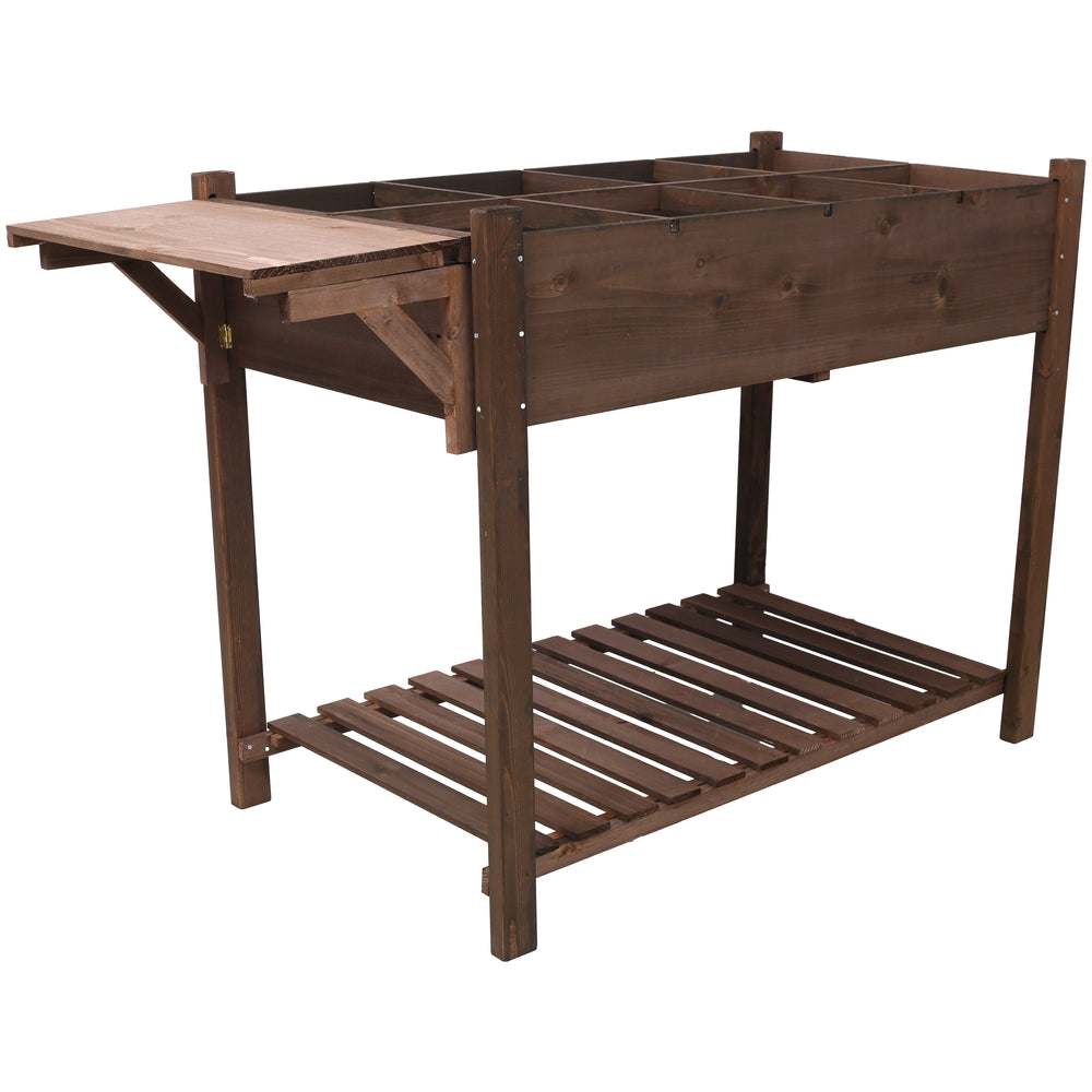 8 Pockets Horticulture Raised Garden Bed Elevated Wood Planter Box Stand with Foldable Side Table and Storage Shelf for Herb/Vegetables/Flowers, dark brown color Media 2