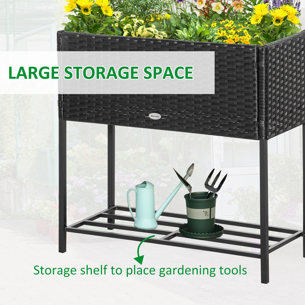 Outsunny Raised Garden Bed, Elevated Planter Box with Rattan Wicker Look, Tool Storage Shelf, Portable Design for Herbs, Vegetables, Flowers, Black Media 2