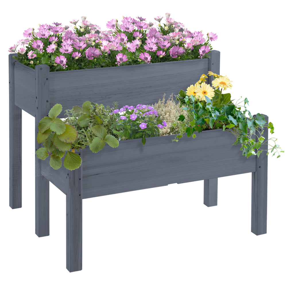 Outsunny 34'x34'x28' Raised Garden Bed, 2-Tier Elevated Wood Planter Box for Backyard, Patio to Grow Vegetables, Herbs, and Flowers, Gray Media 1
