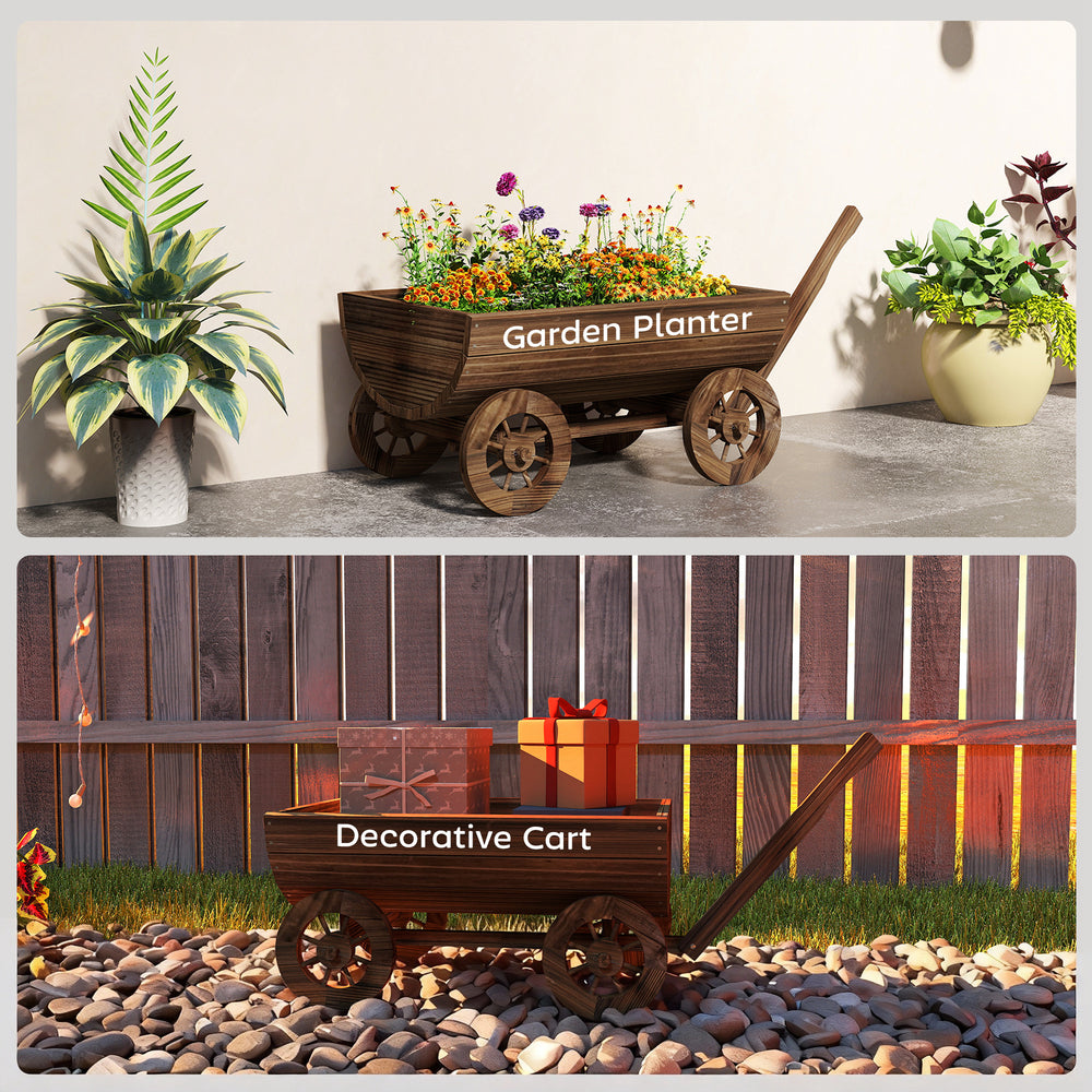 Outsunny Wooden Wagon Planter Box, Mobile Garden Planter with 4 Wheels, Small Wheelbarrow Wagon Flower Cart with Drainage Hole Media 3