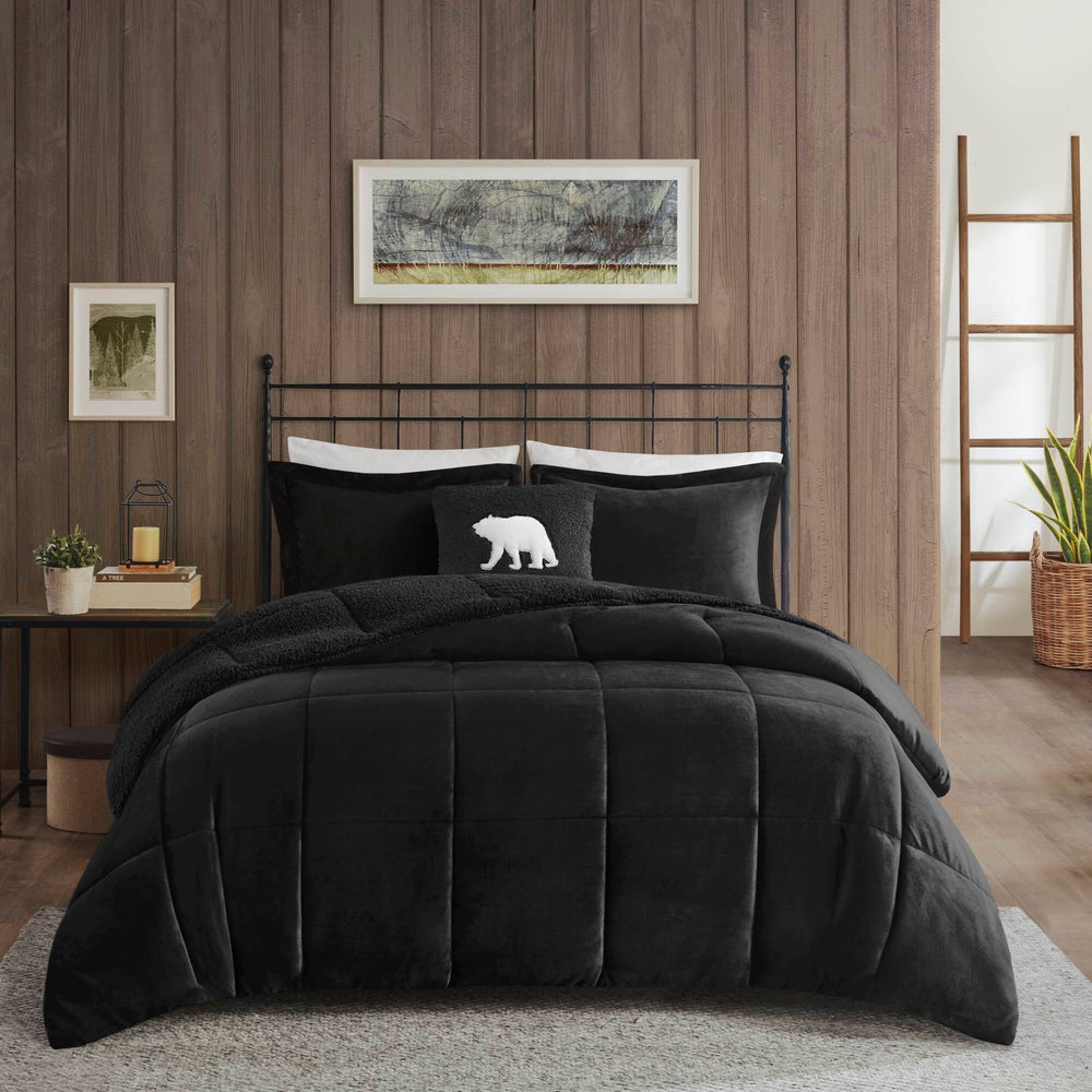 4-Piece Full/Queen Plush to Sherpa Down Alternative Comforter Set,Black/Black Media 14