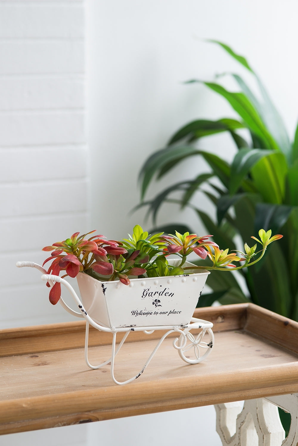11.5x4x7' White Metal Decorative Disressed Wheelbarrow Planter, Tabletop Decor Media 10