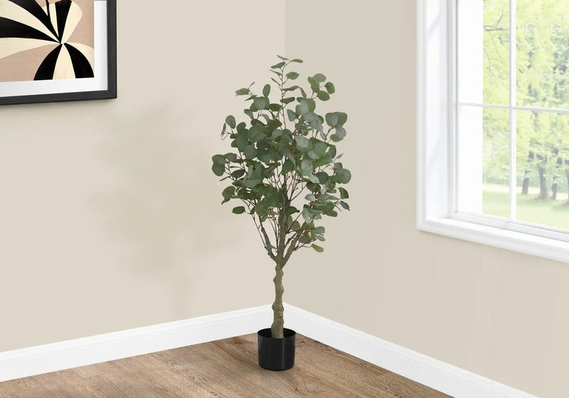 Artificial Plant, 46' Tall, Eucalyptus Tree, Indoor, Faux, Fake, Floor, Greenery, Potted, Decorative, Green Leaves, Black Pot