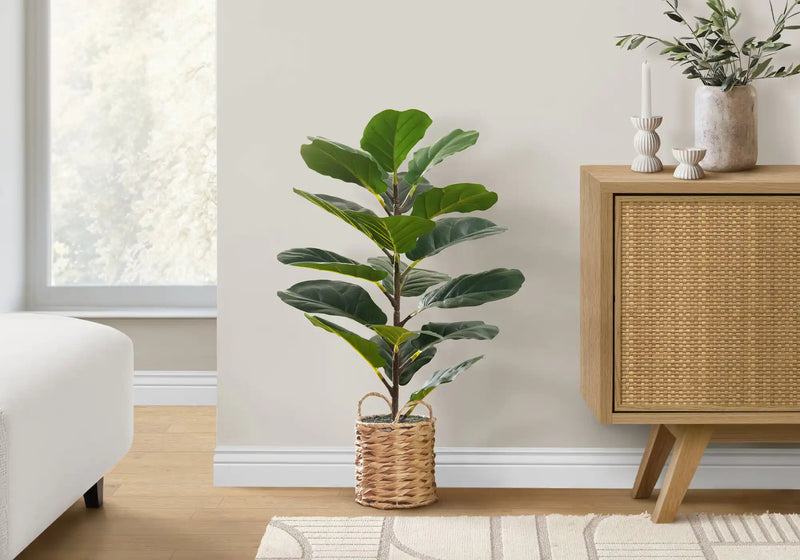 Artificial Plant, 28' Tall, Fiddle Tree, Indoor, Faux, Fake, Floor, Greenery, Potted, Real Touch, Decorative, Green Leaves, Beige Woven Basket