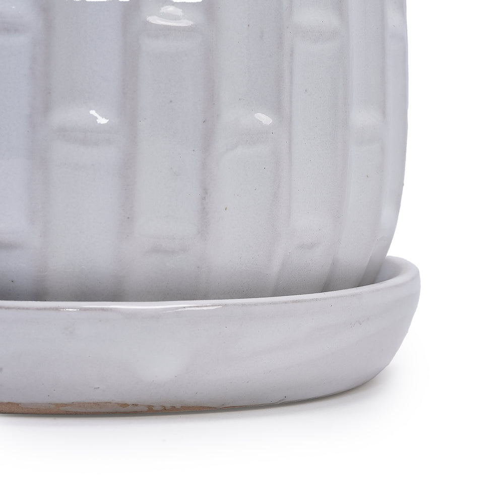 Handmade White Glazed Ceramic Planter Set of 2, 6' & 8' Diameter, Bamboo-like Pattern, for Orchids Indoor/Outdoor Shelf & Table Use, Breathable Clay Media 16