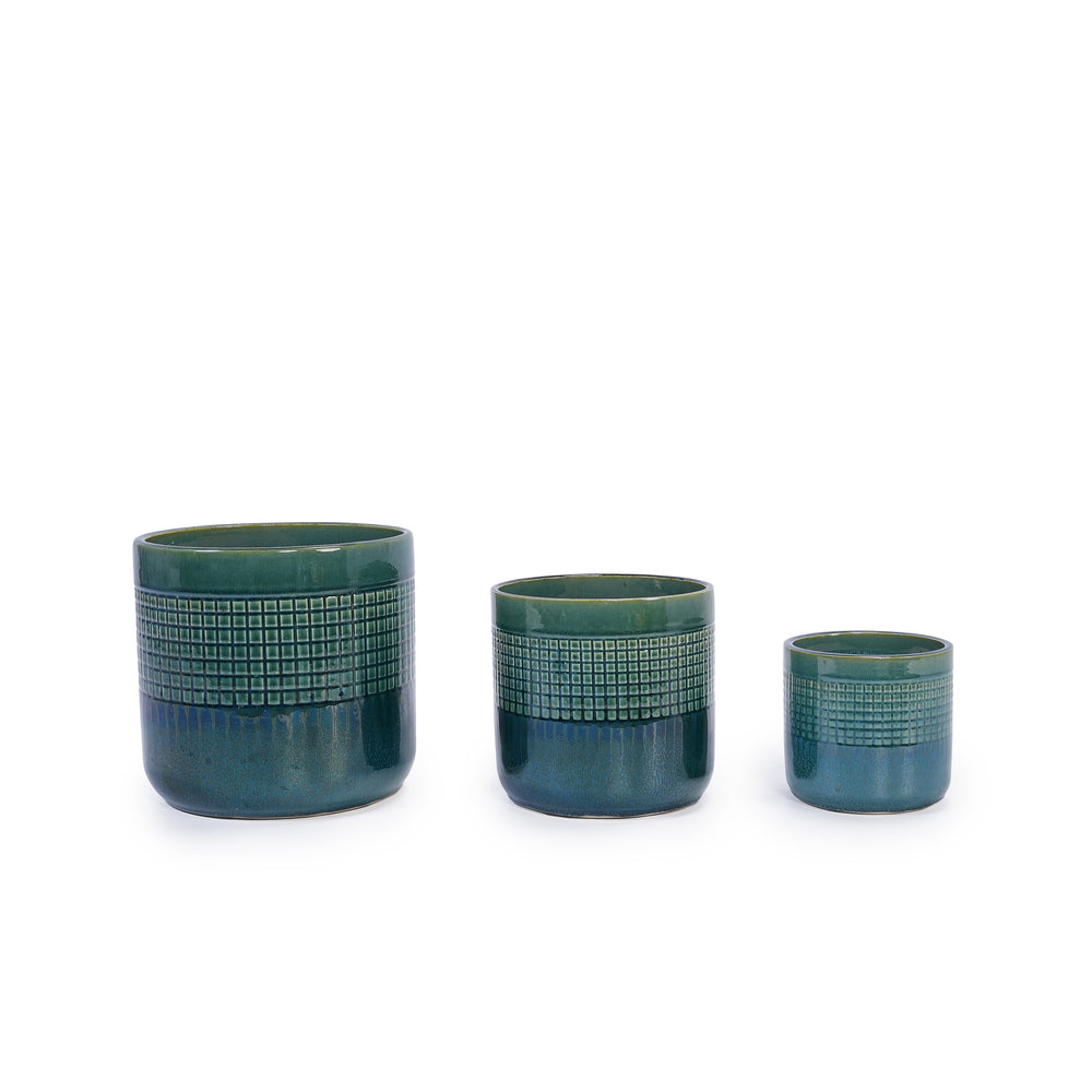 Set of 3 Grid Ceramic Flowerpot, Modern Planter for Patio, Garden, Windowsill - Blue Green Media 1
