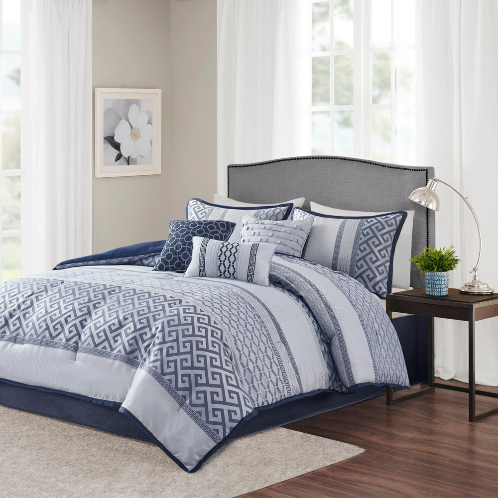 7 Piece Jacquard Comforter Set Navy Cal King Media 1