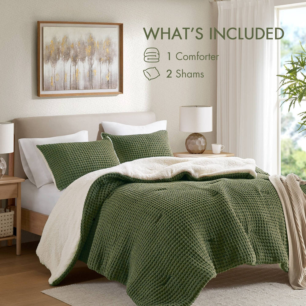 3 Pieces Full/Queen Waffle Knit Chenille Comforter Set,Olive Media 3