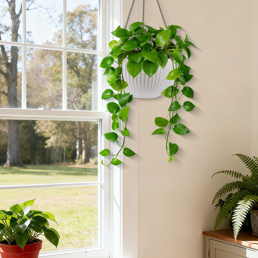 13.4 inch Self-Watering Hanging Rattan-Inspired Planter Large Capacity, Root-Rot Resistant Water Storage with Water Level Indicator, Dual-Use for Indoor & Balcony Decoration (Pack of 2, White) Media 14