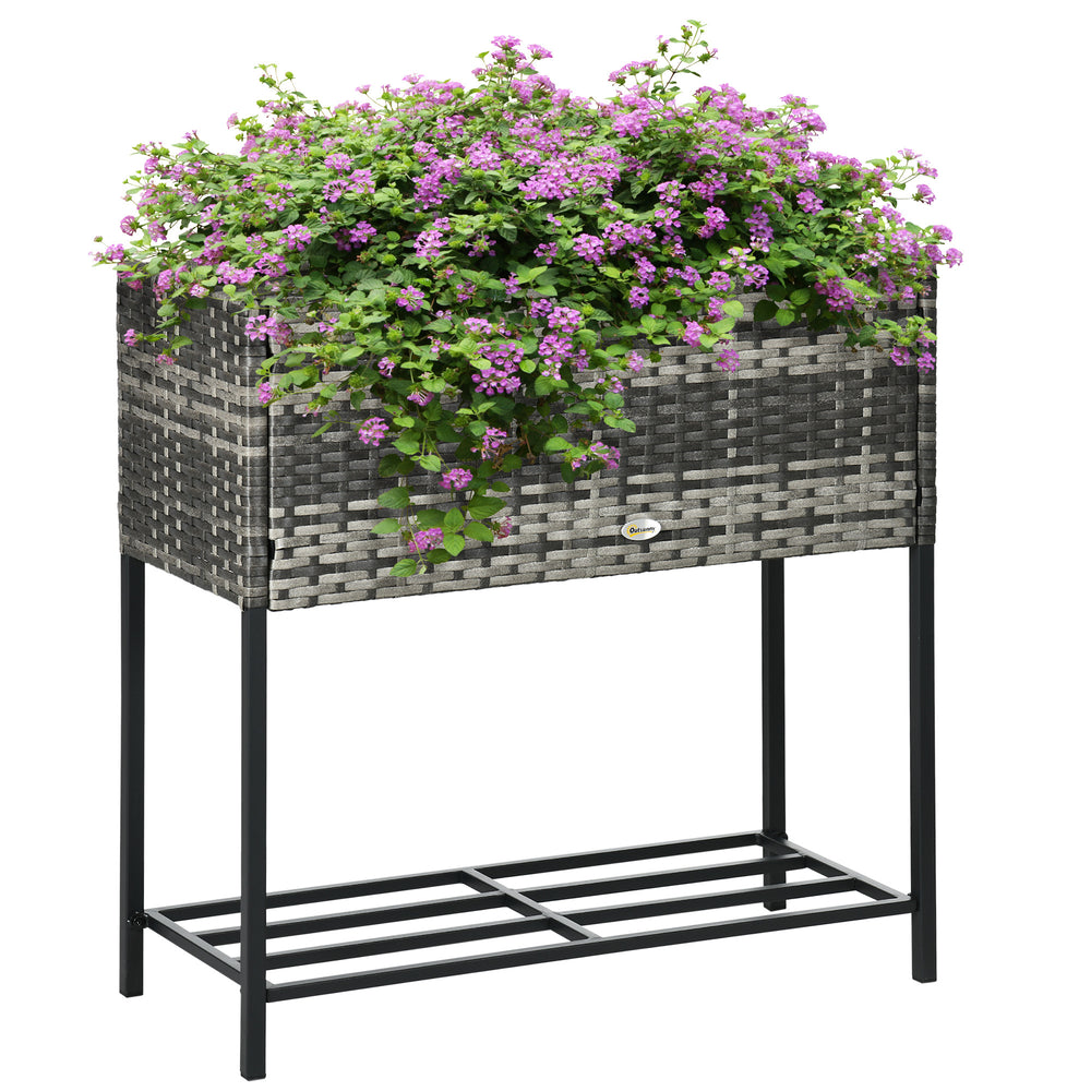 Outsunny Raised Garden Bed, Elevated Planter Box with Rattan Wicker Look, Tool Storage Shelf, Portable Design for Herbs, Vegetables, Flowers, Gray Media 1