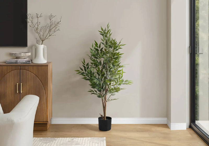 Artificial Plant, 47' Tall, Acacia Tree, Indoor, Faux, Fake, Floor, Greenery, Potted, Silk, Decorative, Green Leaves, Black Pot